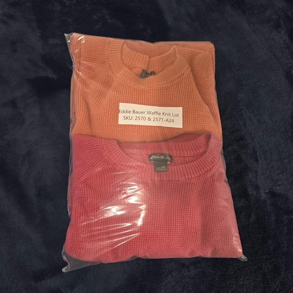 Eddie Bauer Waffle Knit Sweater 2XL XXL Orange & Pink‎ 2 Pc Crewneck Shirt Lot - Picture 12 of 12